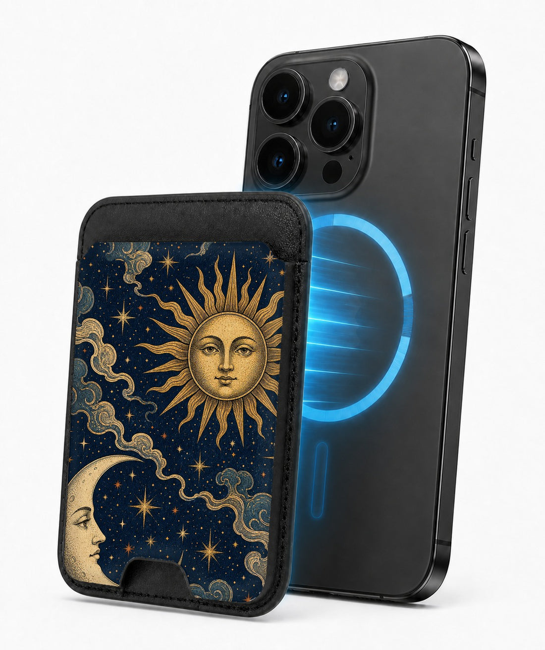 Celestial Sun and Moon MagSafe card holder attached to a compatible iPhone