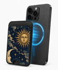 Celestial Sun and Moon MagSafe card holder attached to a compatible iPhone