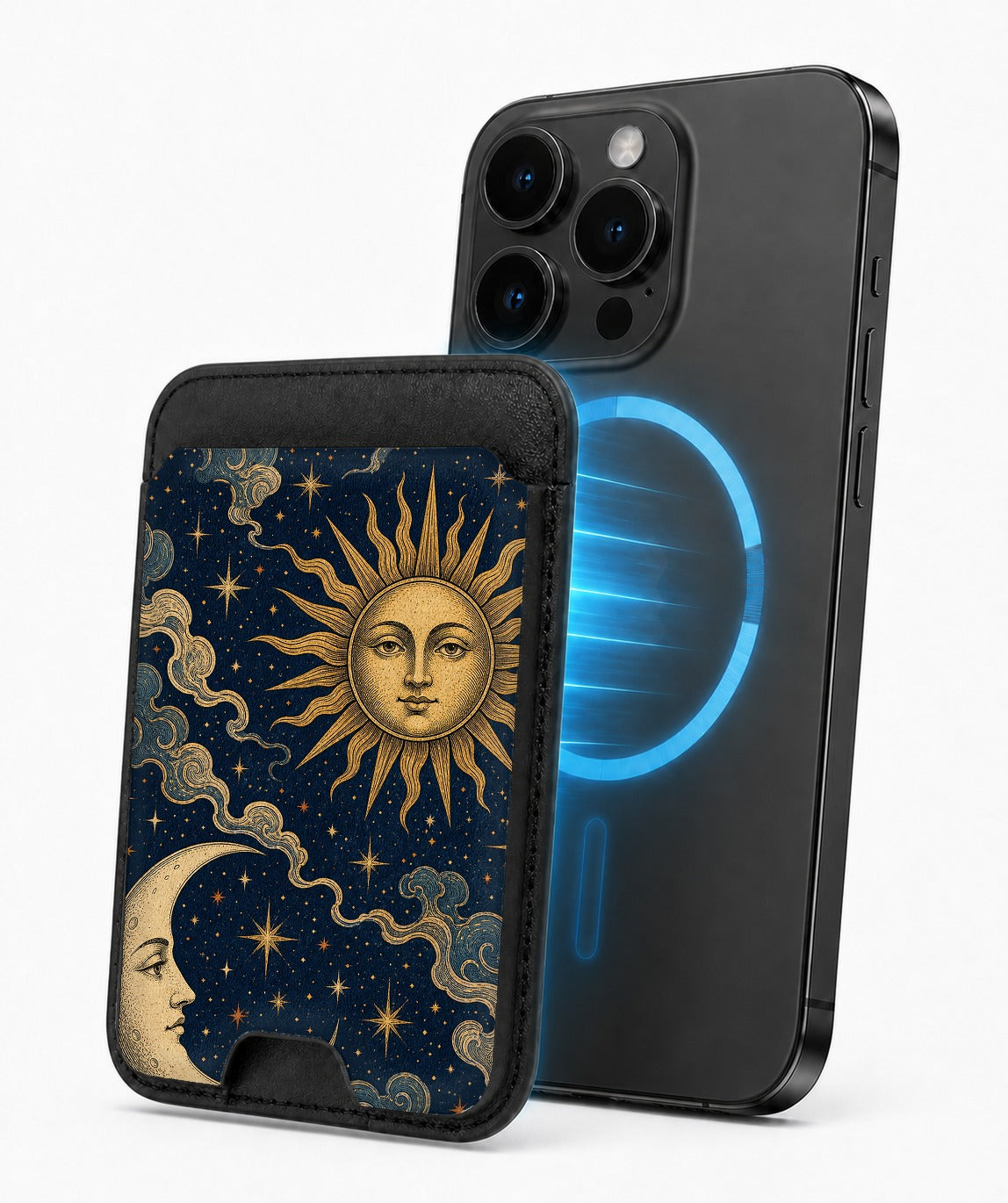 Celestial Sun and Moon MagSafe card holder attached to a compatible iPhone