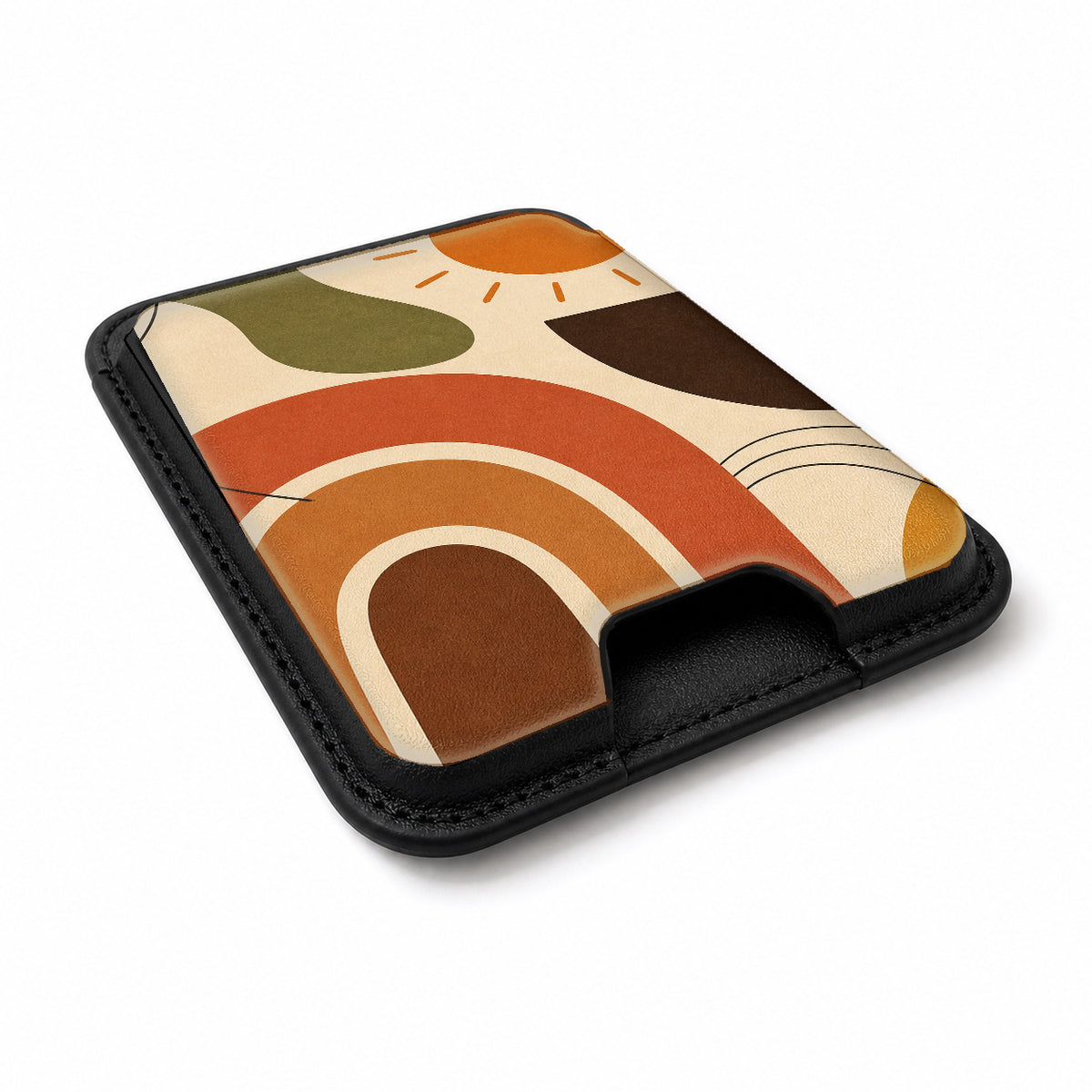 Terracotta Boho Arch MagSafe card holder showing the angled leather surface