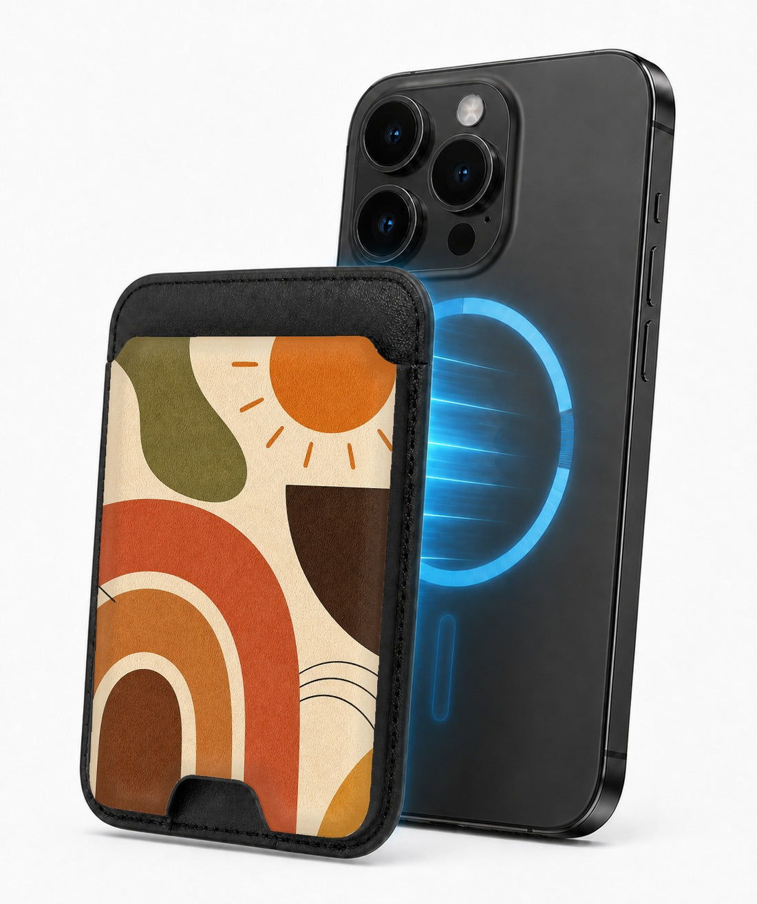 Terracotta Boho Arch MagSafe card holder attached to a compatible iPhone