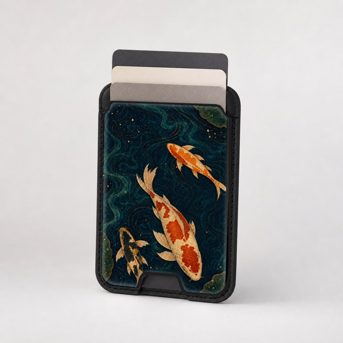 Japanese Koi Fish MagSafe card holder showing the patterned front