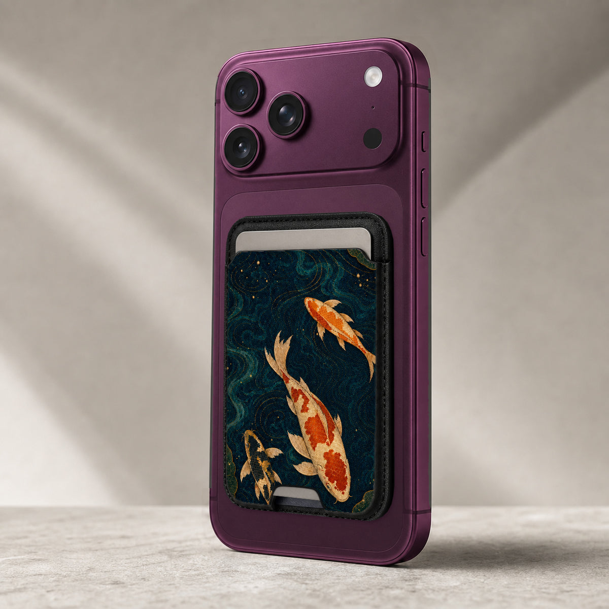Japanese Koi Fish MagSafe card holder showing the detailed leather finish
