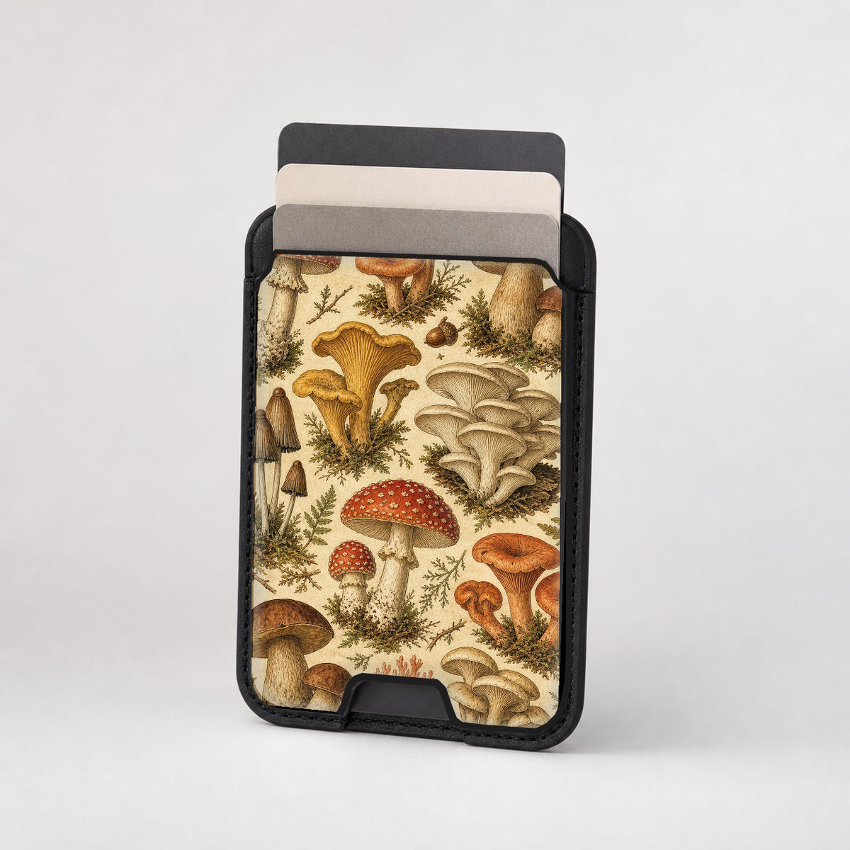 Vintage Mushroom Botanical MagSafe card holder showing the patterned front