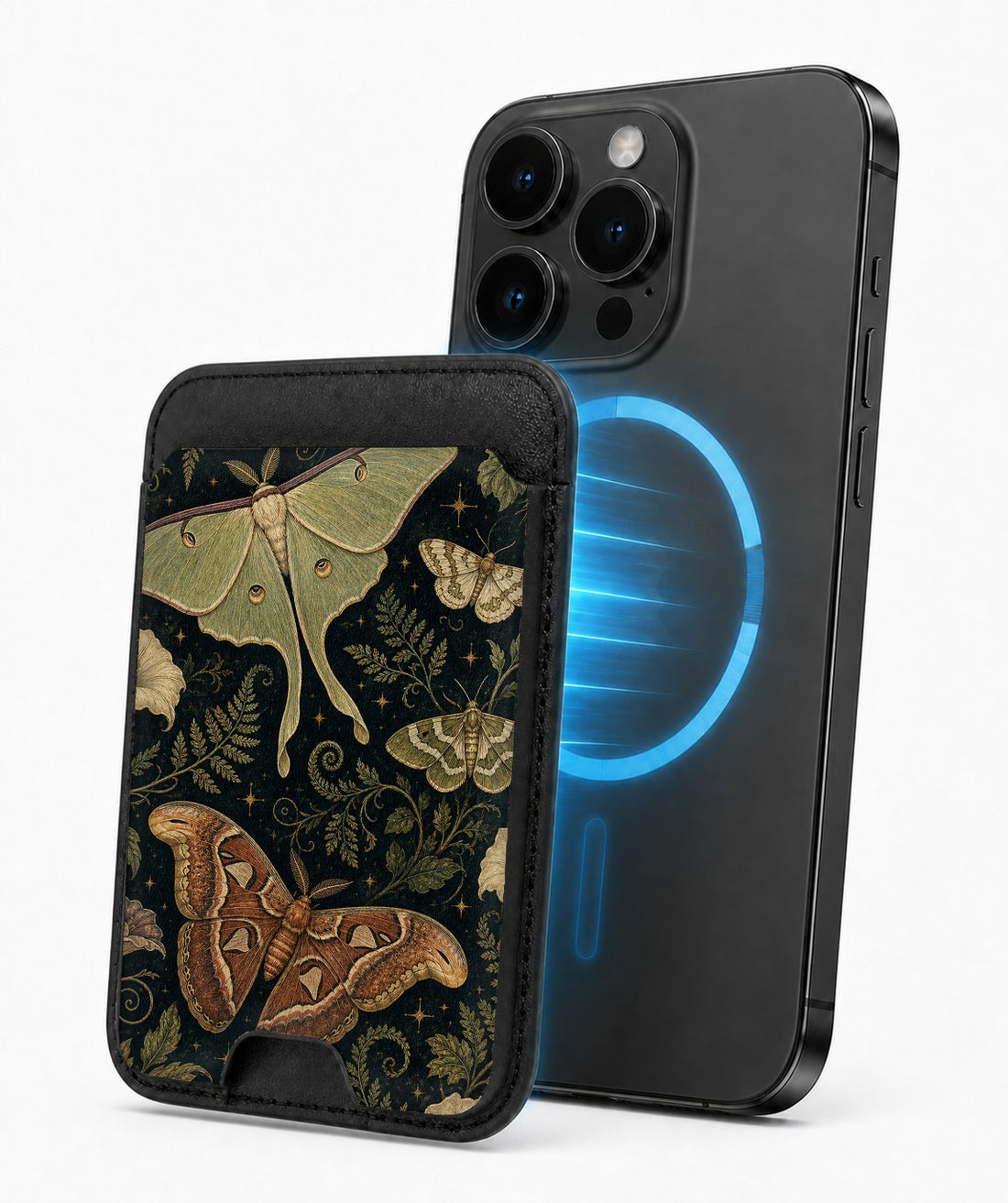 Dark Moth Botanical MagSafe card holder attached to a compatible iPhone