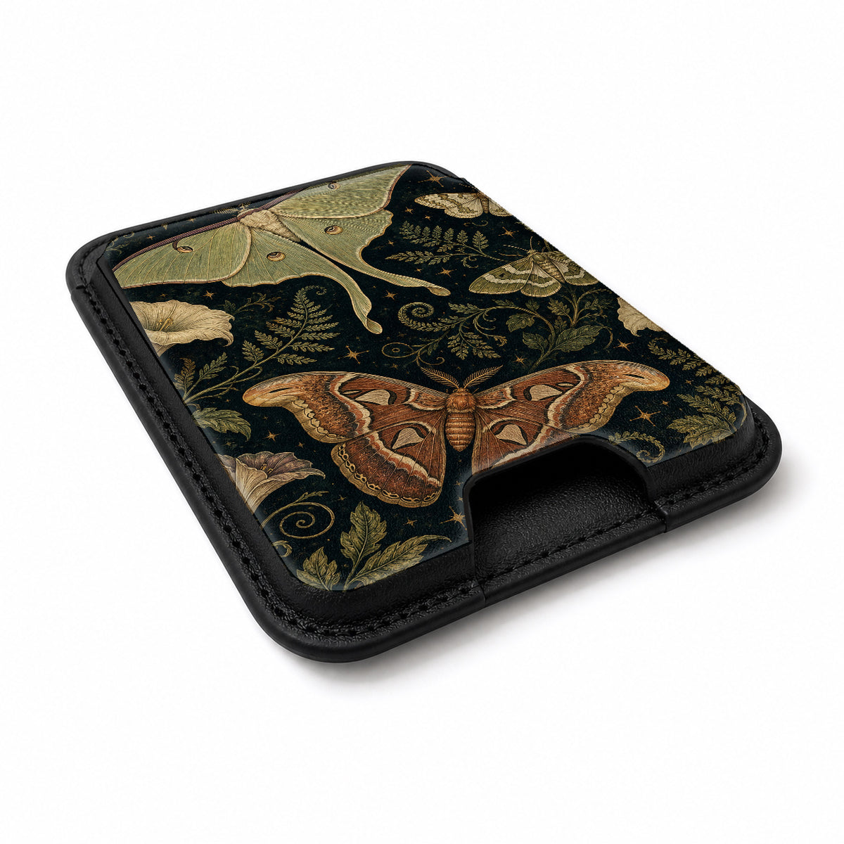 Dark Moth Botanical MagSafe card holder showing the angled leather surface