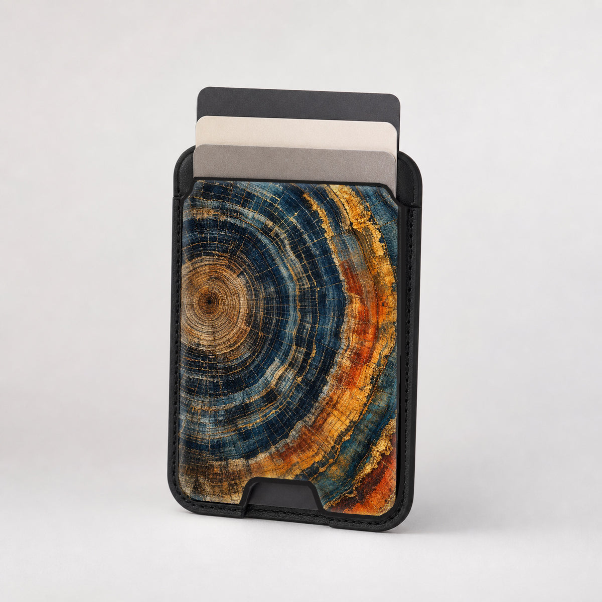 Blue Tiger Eye Stone MagSafe card holder showing the patterned front