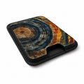 Blue Tiger Eye Stone MagSafe card holder showing the angled leather surface