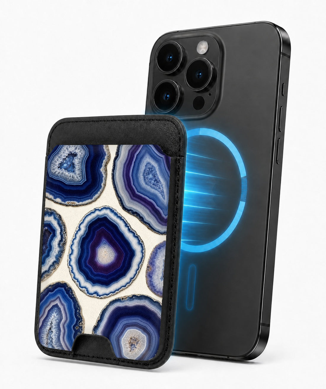 Blue Purple Agate Geode MagSafe card holder attached to a compatible iPhone
