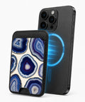 Blue Purple Agate Geode MagSafe card holder attached to a compatible iPhone
