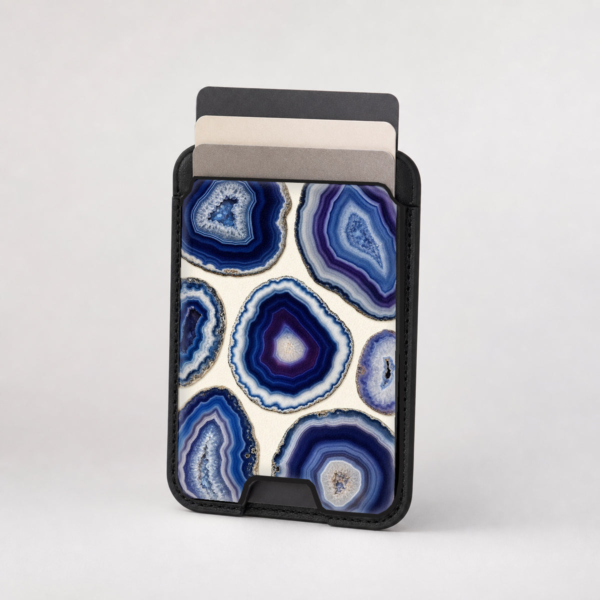 Blue Purple Agate Geode MagSafe card holder showing the patterned front