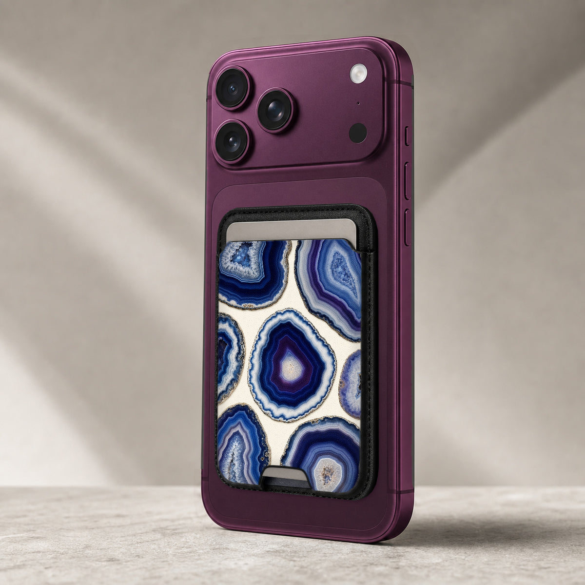 Blue Purple Agate Geode MagSafe card holder showing the detailed leather finish