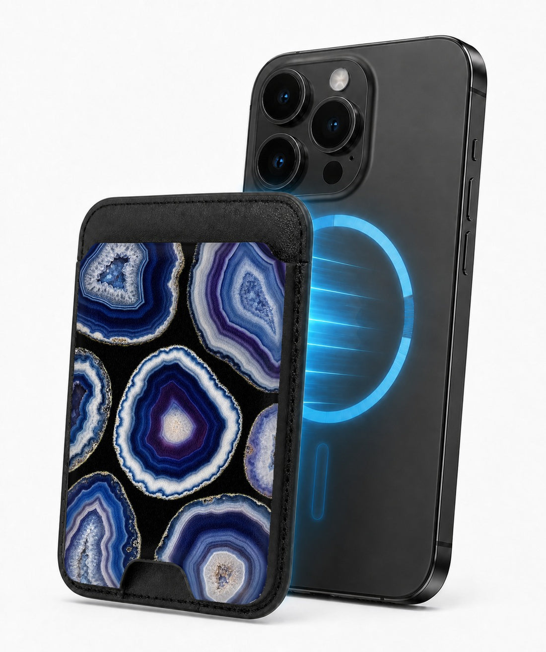 Blue Agate Geode MagSafe card holder attached to a compatible iPhone