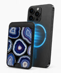 Blue Agate Geode MagSafe card holder attached to a compatible iPhone