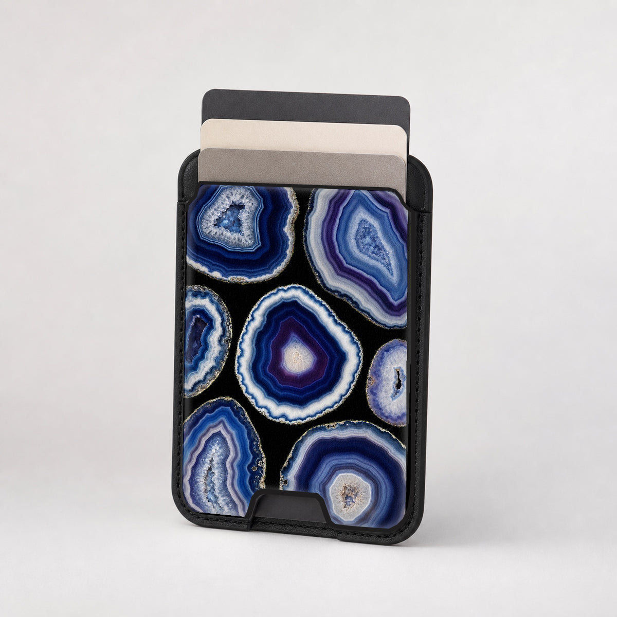 Blue Agate Geode MagSafe card holder showing the patterned front