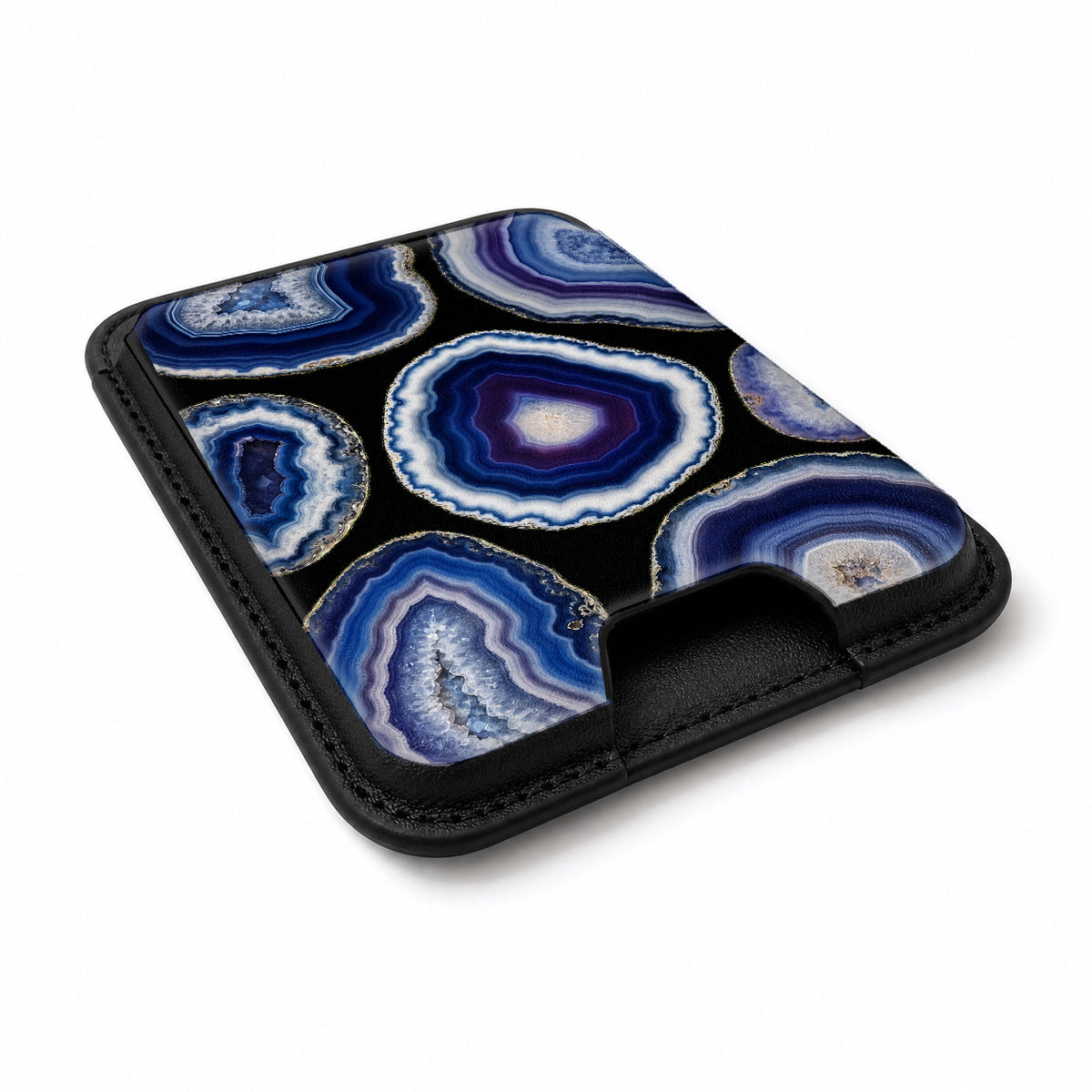 Blue Agate Geode MagSafe card holder showing the angled leather surface