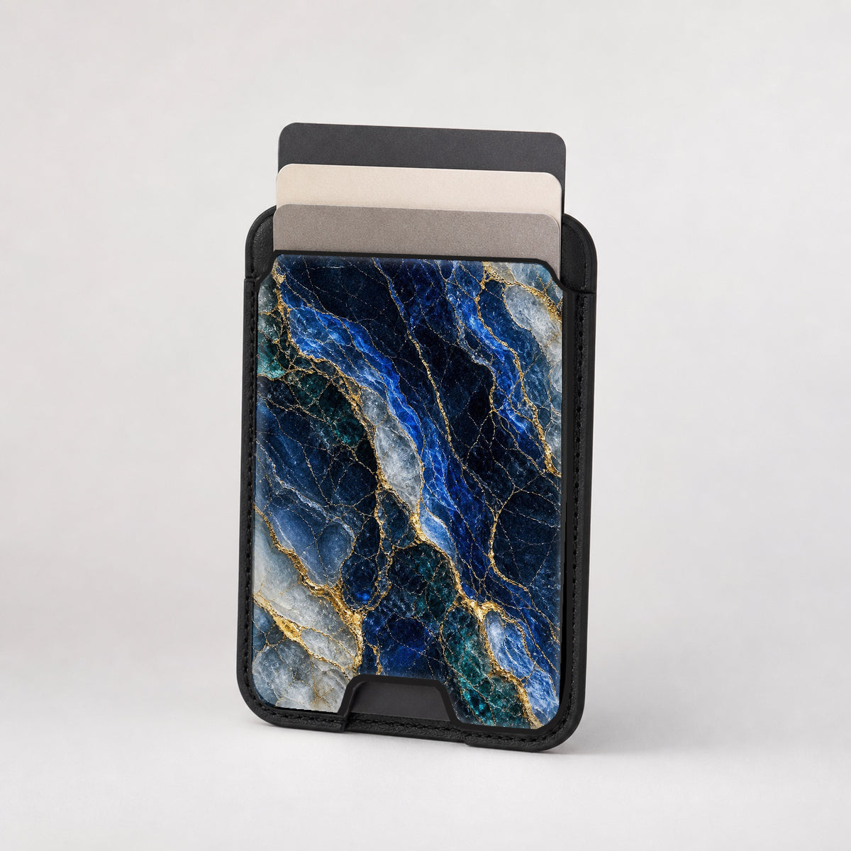Navy Gold Marble MagSafe card holder showing the patterned front