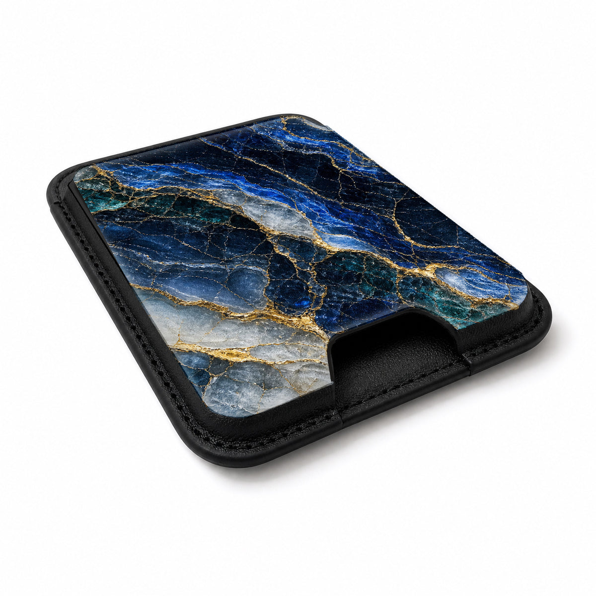 Navy Gold Marble MagSafe card holder showing the angled leather surface