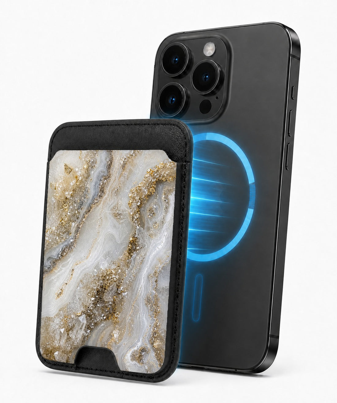White Gold Agate Marble MagSafe card holder attached to a compatible iPhone