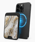 White Gold Agate Marble MagSafe card holder attached to a compatible iPhone
