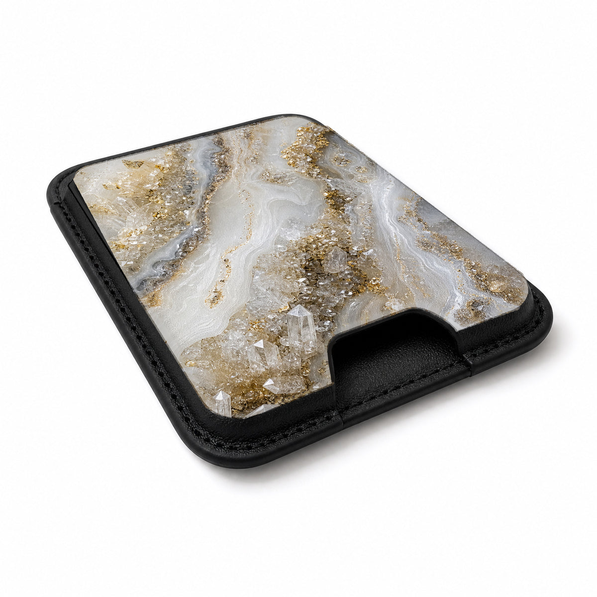 White Gold Agate Marble MagSafe card holder showing the angled leather surface