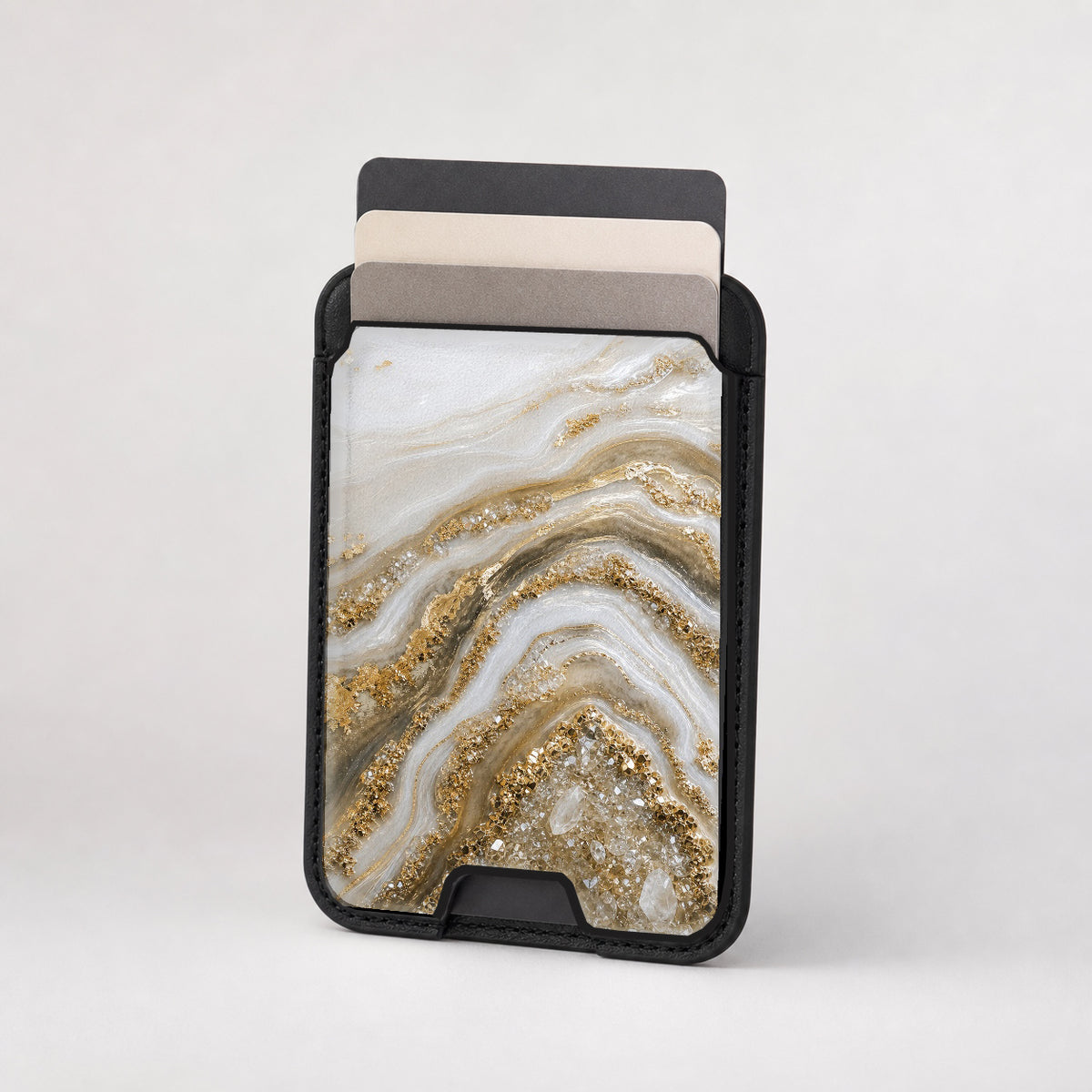Cream Gold Geode Marble MagSafe card holder showing the patterned front