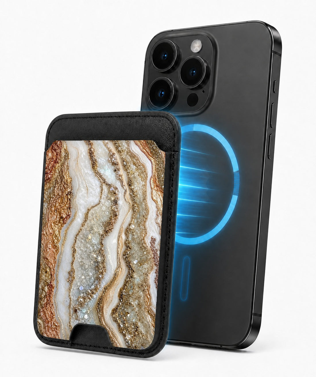 Rose Gold Agate Marble MagSafe card holder attached to a compatible iPhone