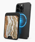 Rose Gold Agate Marble MagSafe card holder attached to a compatible iPhone