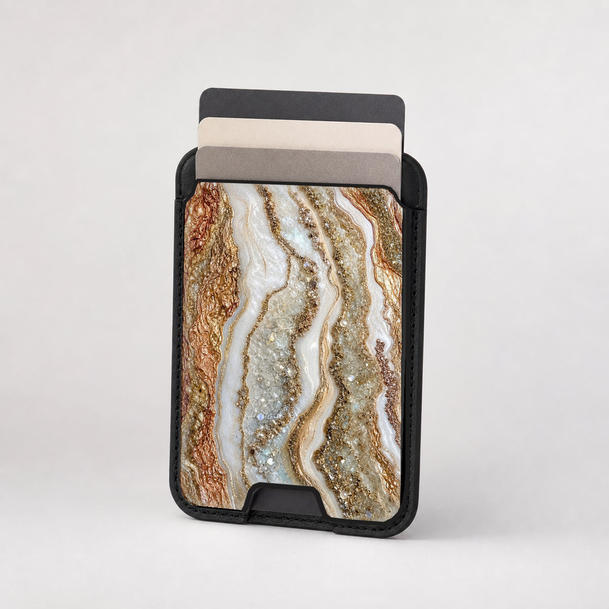 Rose Gold Agate Marble MagSafe card holder showing the patterned front