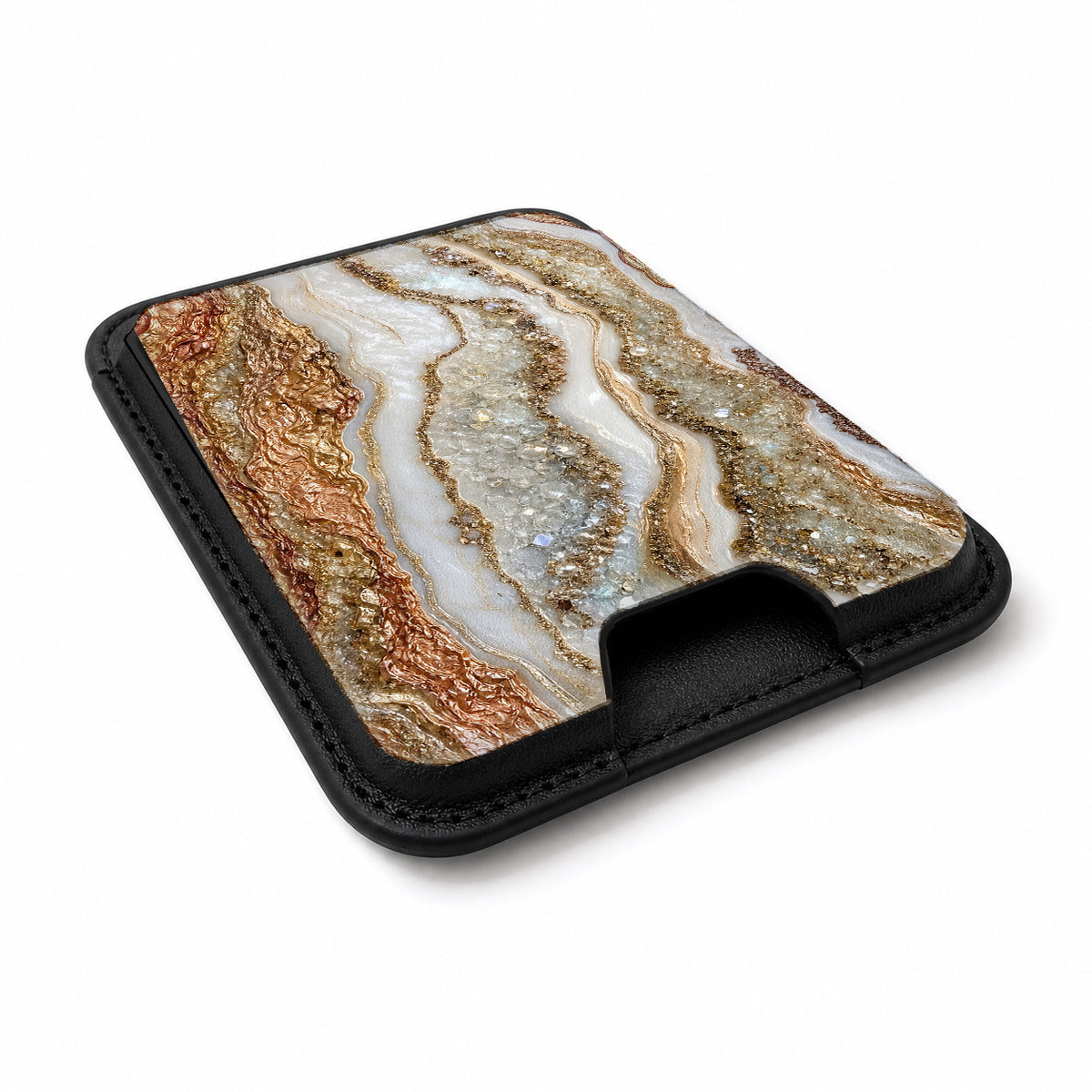 Rose Gold Agate Marble MagSafe card holder showing the angled leather surface
