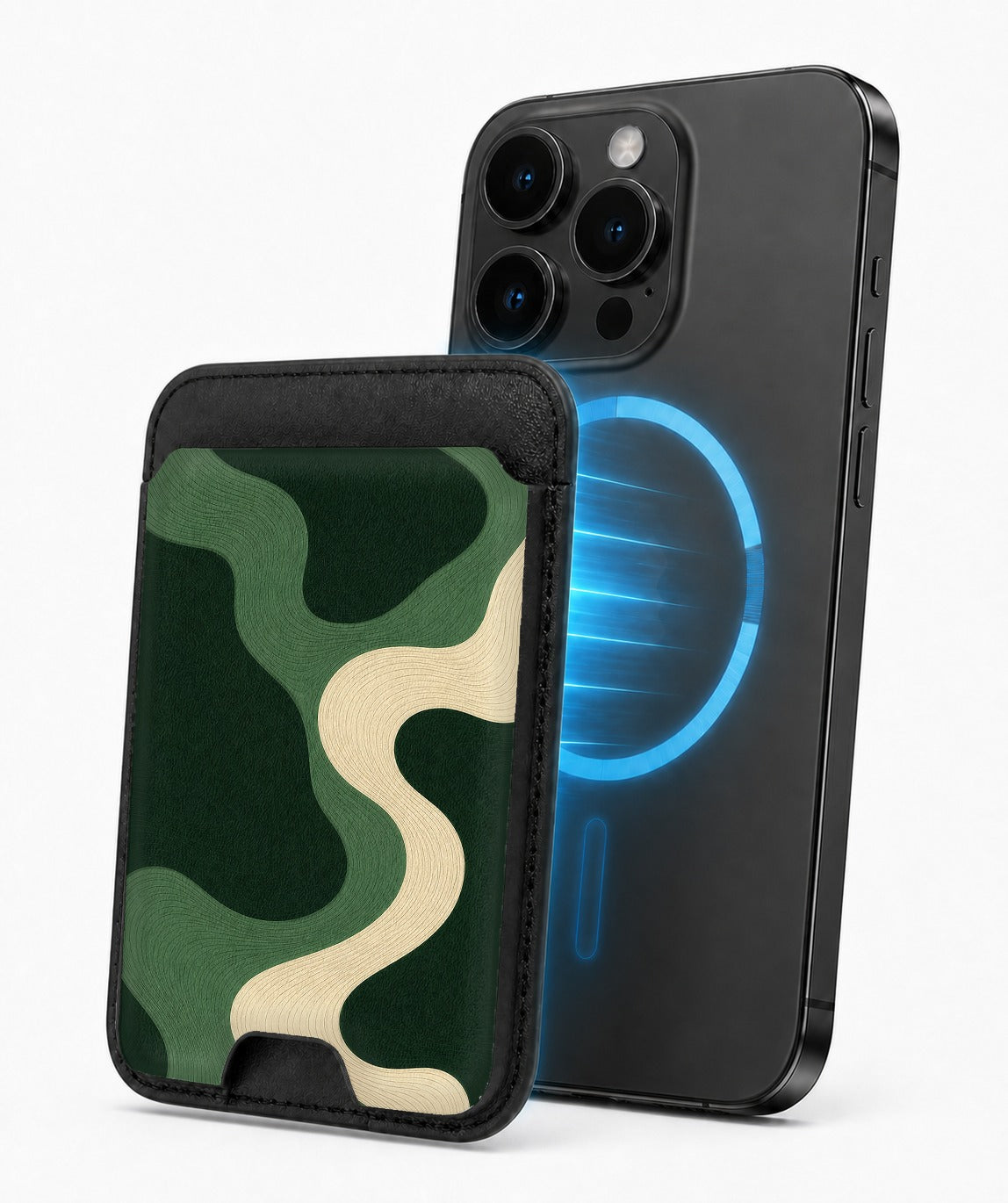 Forest Green Abstract Wave MagSafe card holder attached to a compatible iPhone