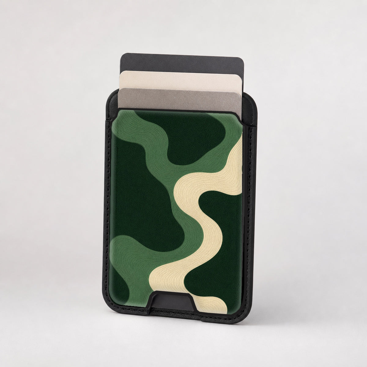 Forest Green Abstract Wave MagSafe card holder showing the patterned front