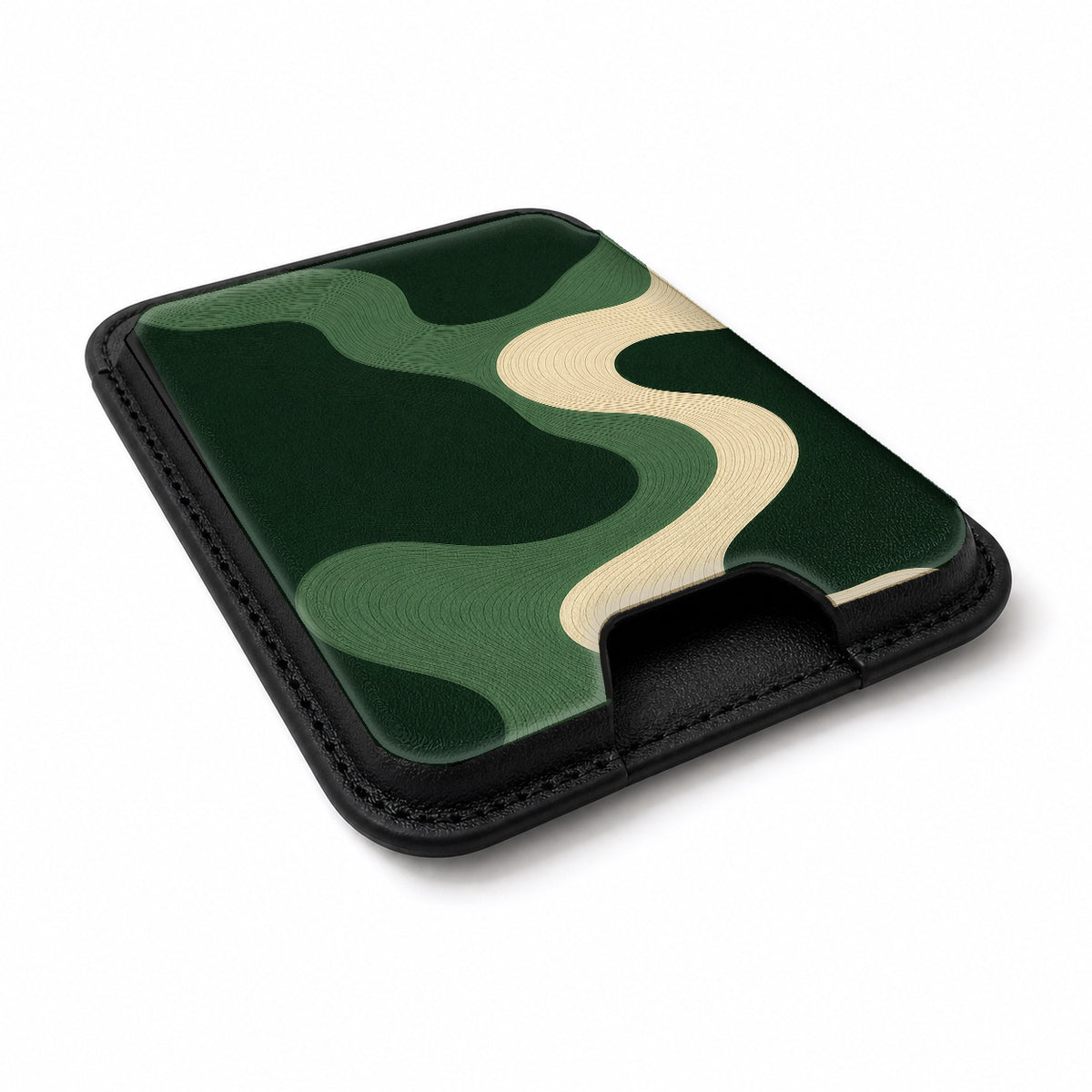 Forest Green Abstract Wave MagSafe card holder showing the angled leather surface