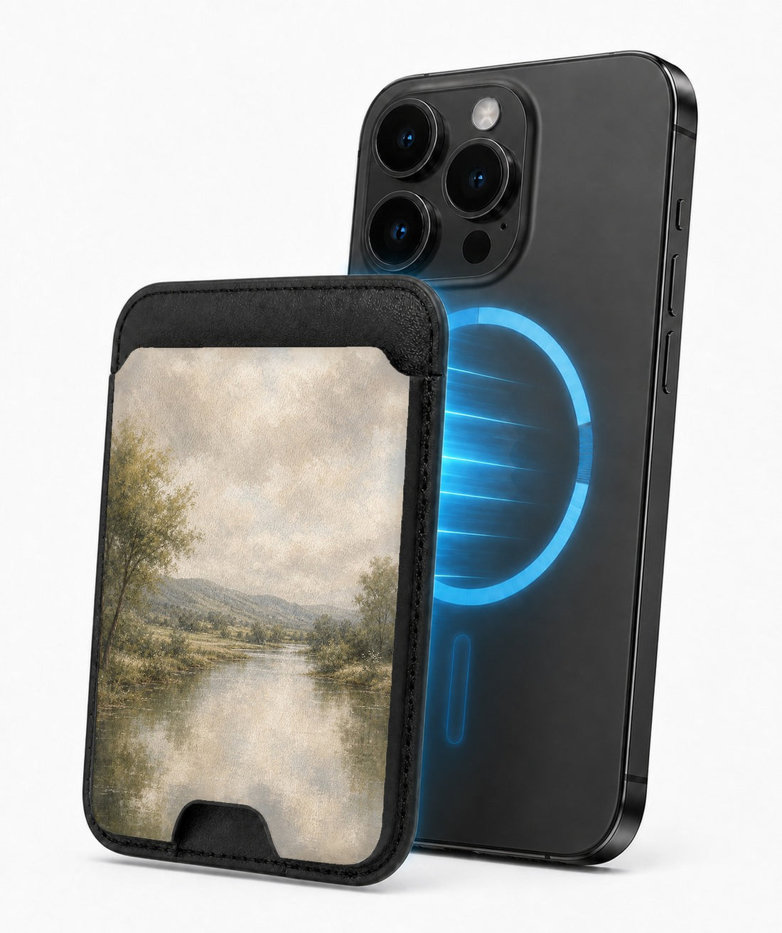 Misty Neutral Landscape MagSafe card holder attached to a compatible iPhone