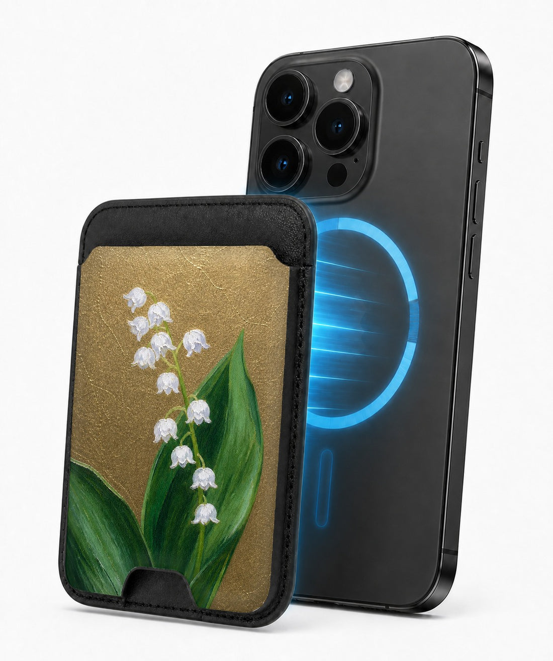 Lily of the Valley on Olive MagSafe card holder attached to a compatible iPhone