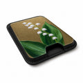 Lily of the Valley on Olive MagSafe card holder showing the angled leather surface