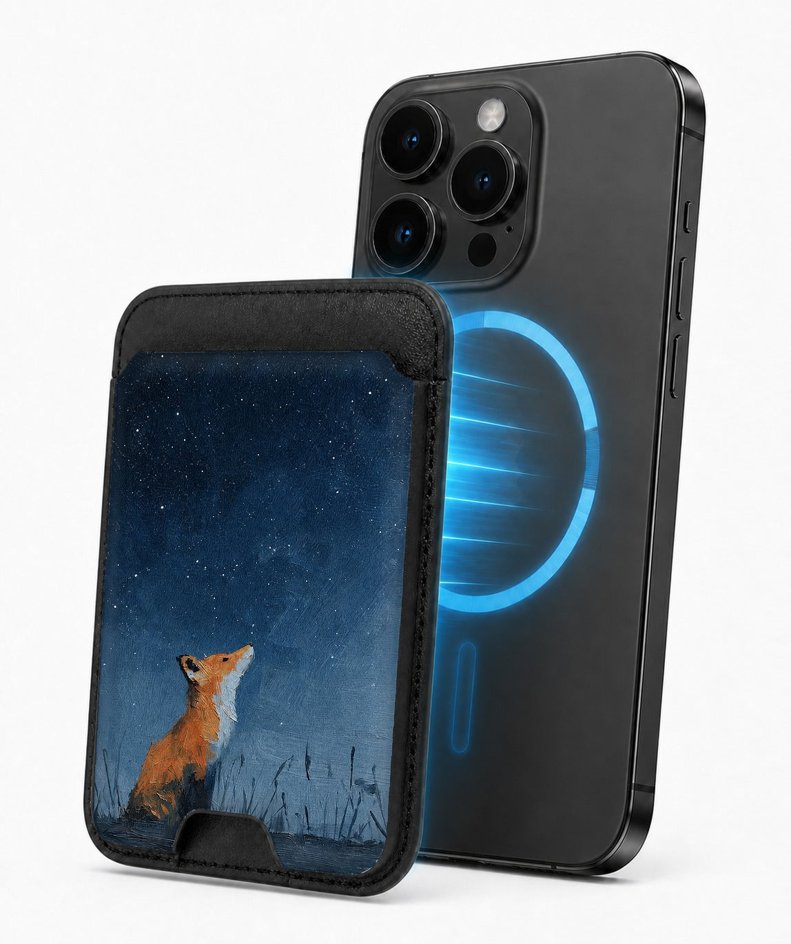 Fox Under Starry Sky MagSafe card holder attached to a compatible iPhone