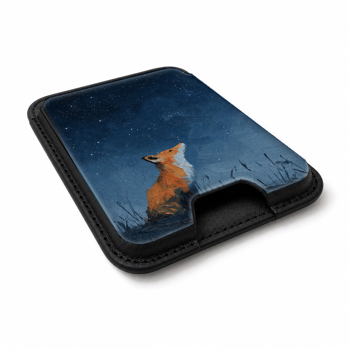 Fox Under Starry Sky MagSafe card holder showing the angled leather surface