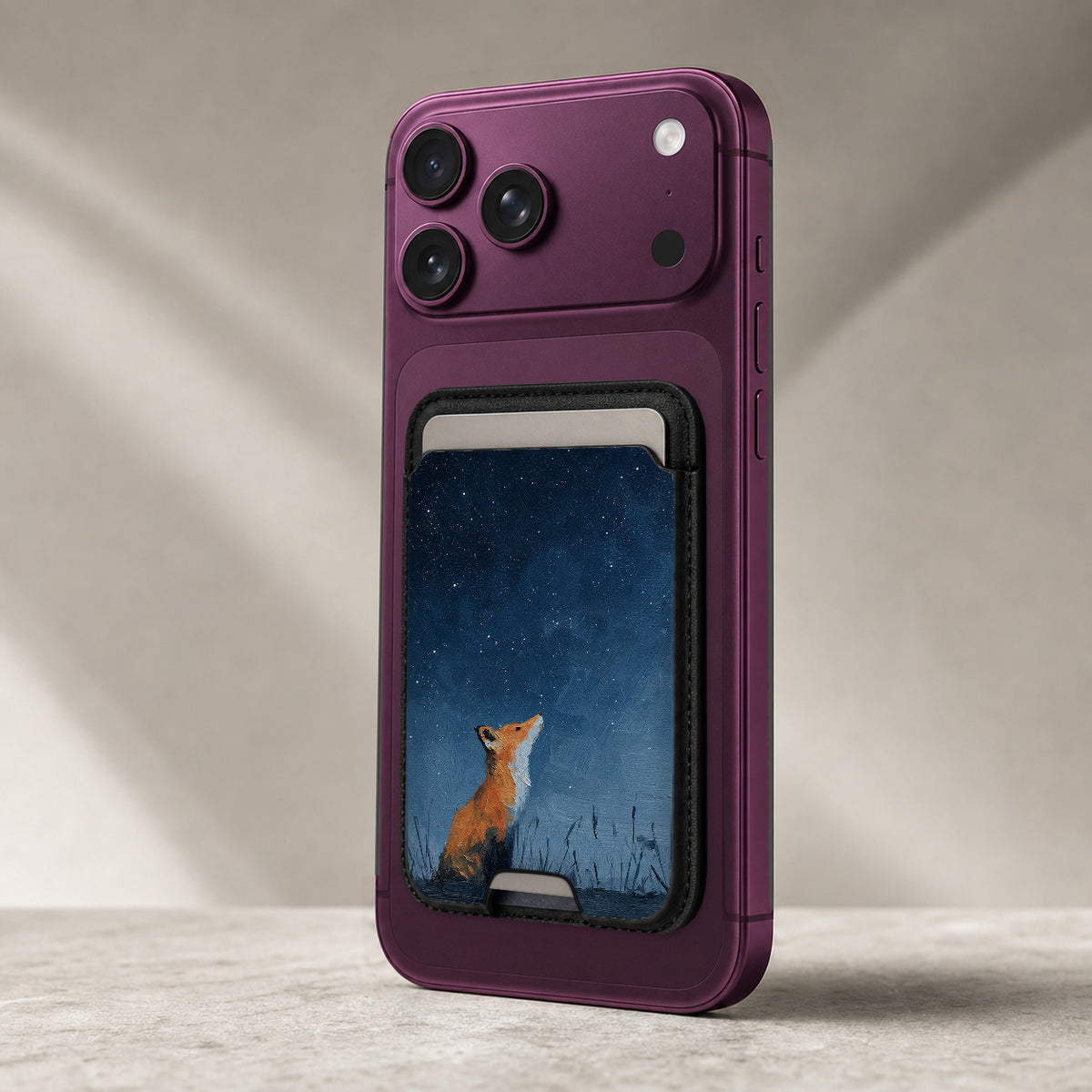 Fox Under Starry Sky MagSafe card holder showing the detailed leather finish