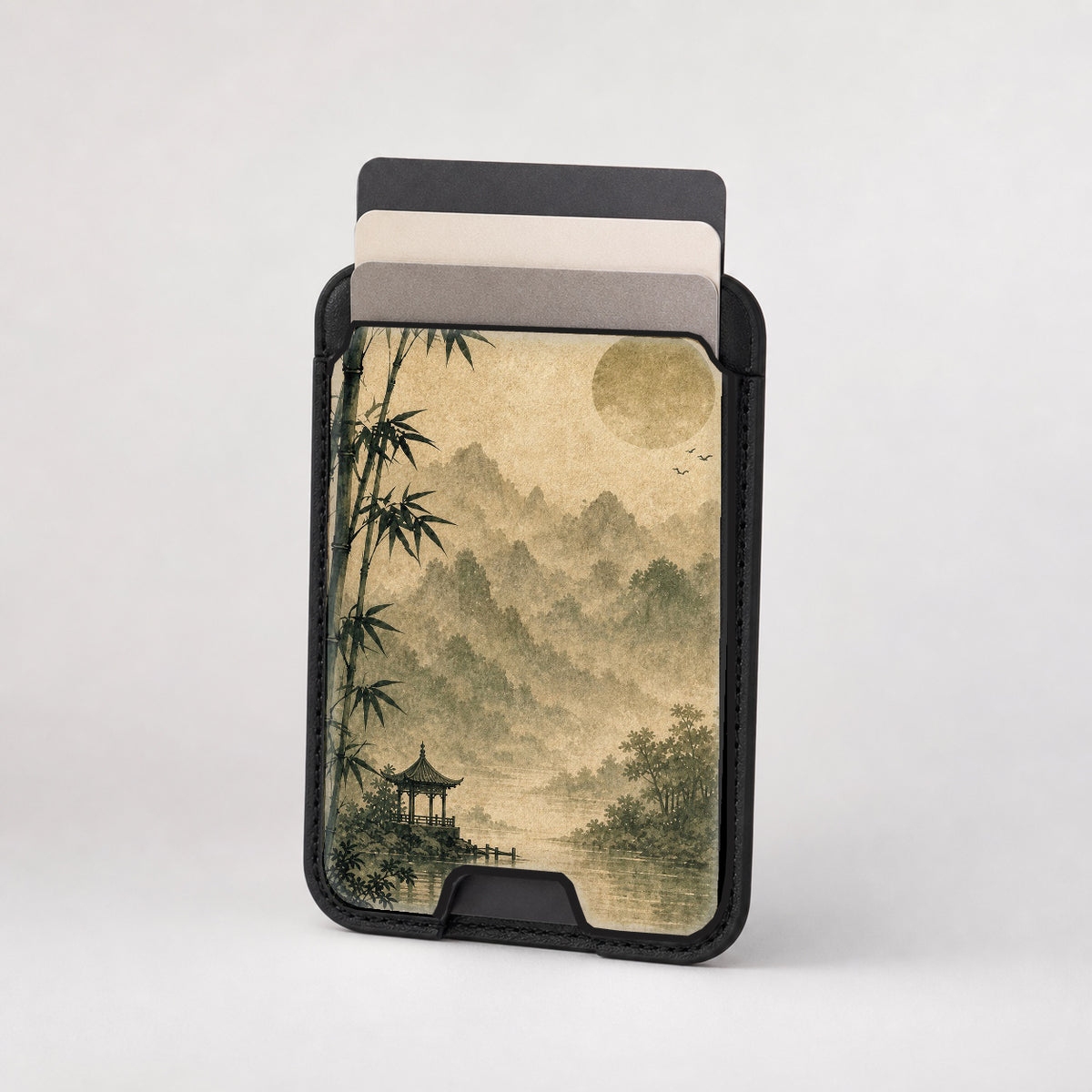 Sepia Mountain Pagoda MagSafe card holder showing the patterned front