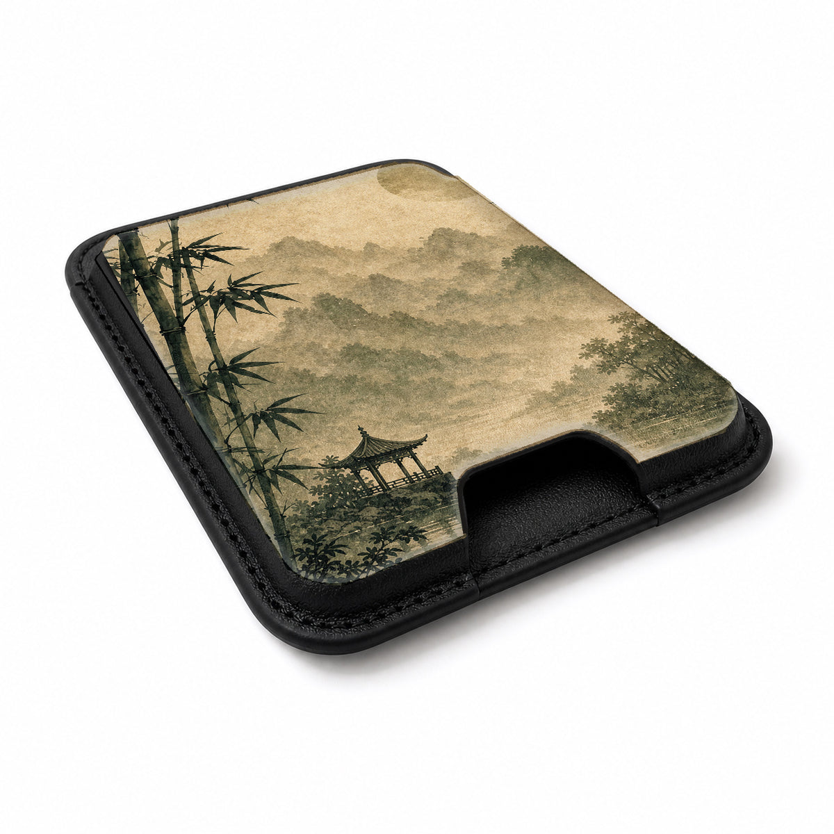Sepia Mountain Pagoda MagSafe card holder showing the angled leather surface
