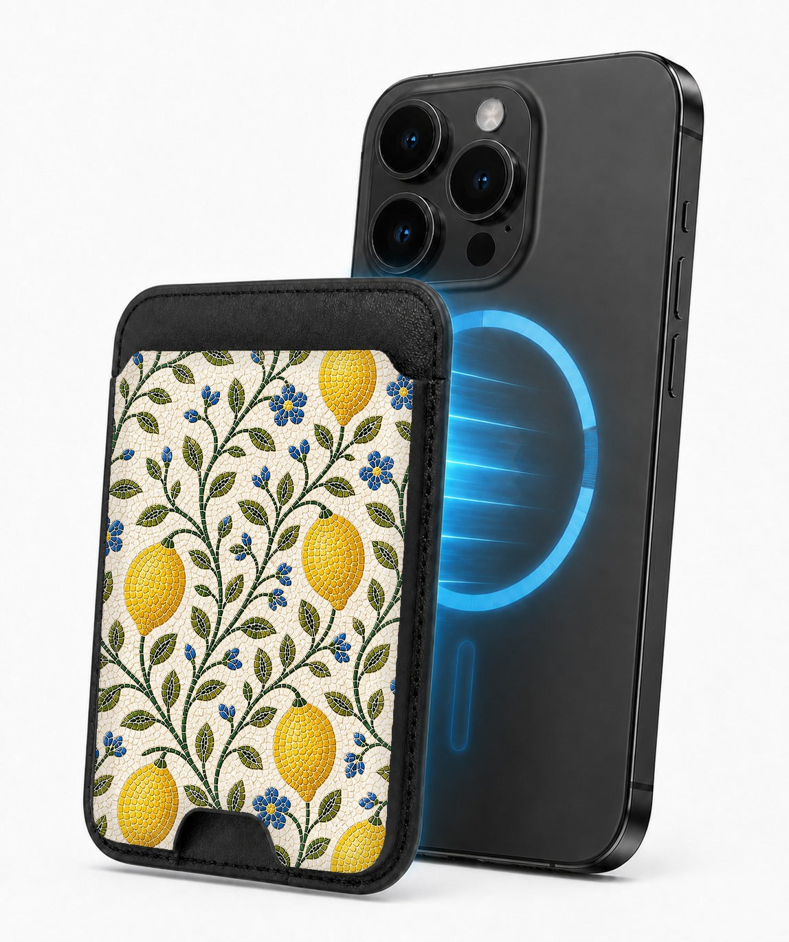 Lemon Botanical MagSafe card holder attached to a compatible iPhone