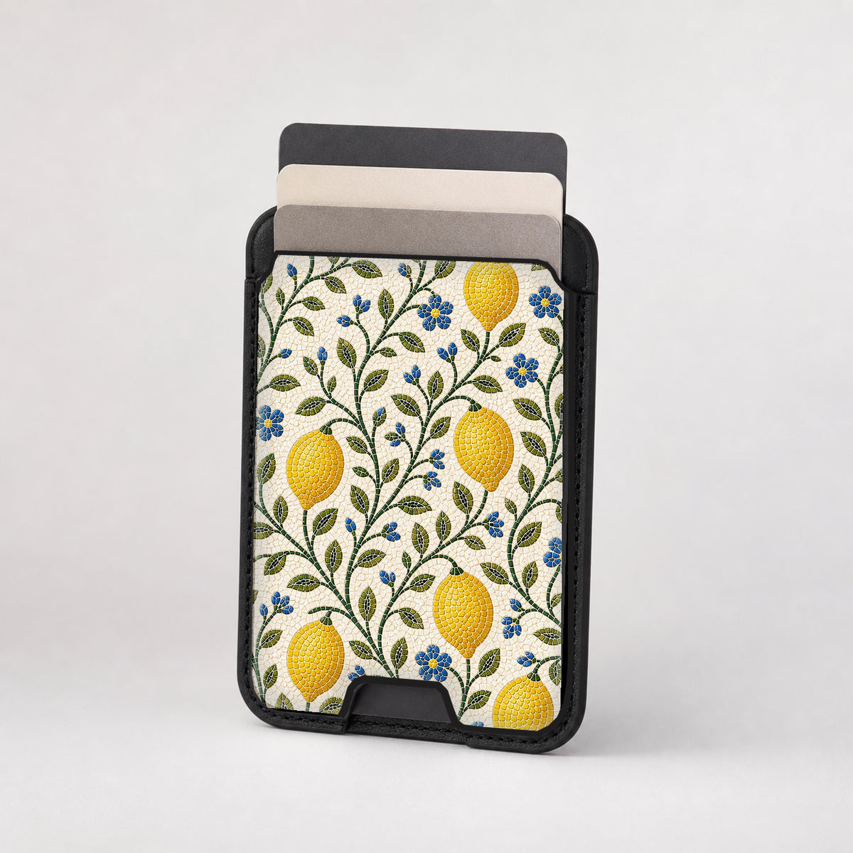 Lemon Botanical MagSafe card holder showing the patterned front