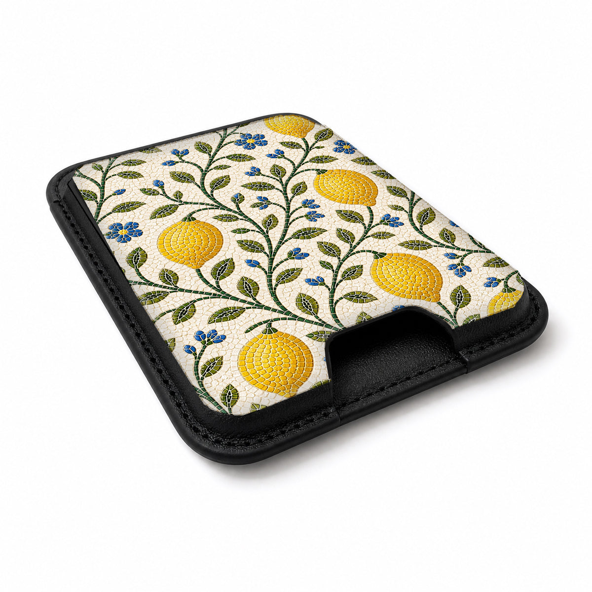 Lemon Botanical MagSafe card holder showing the angled leather surface