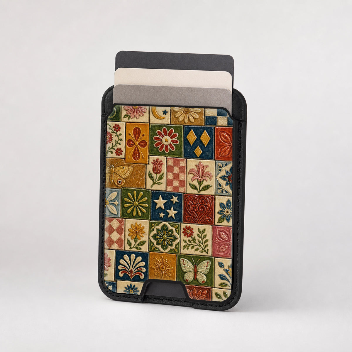 Vintage Folk Tile Patchwork MagSafe card holder showing the patterned front