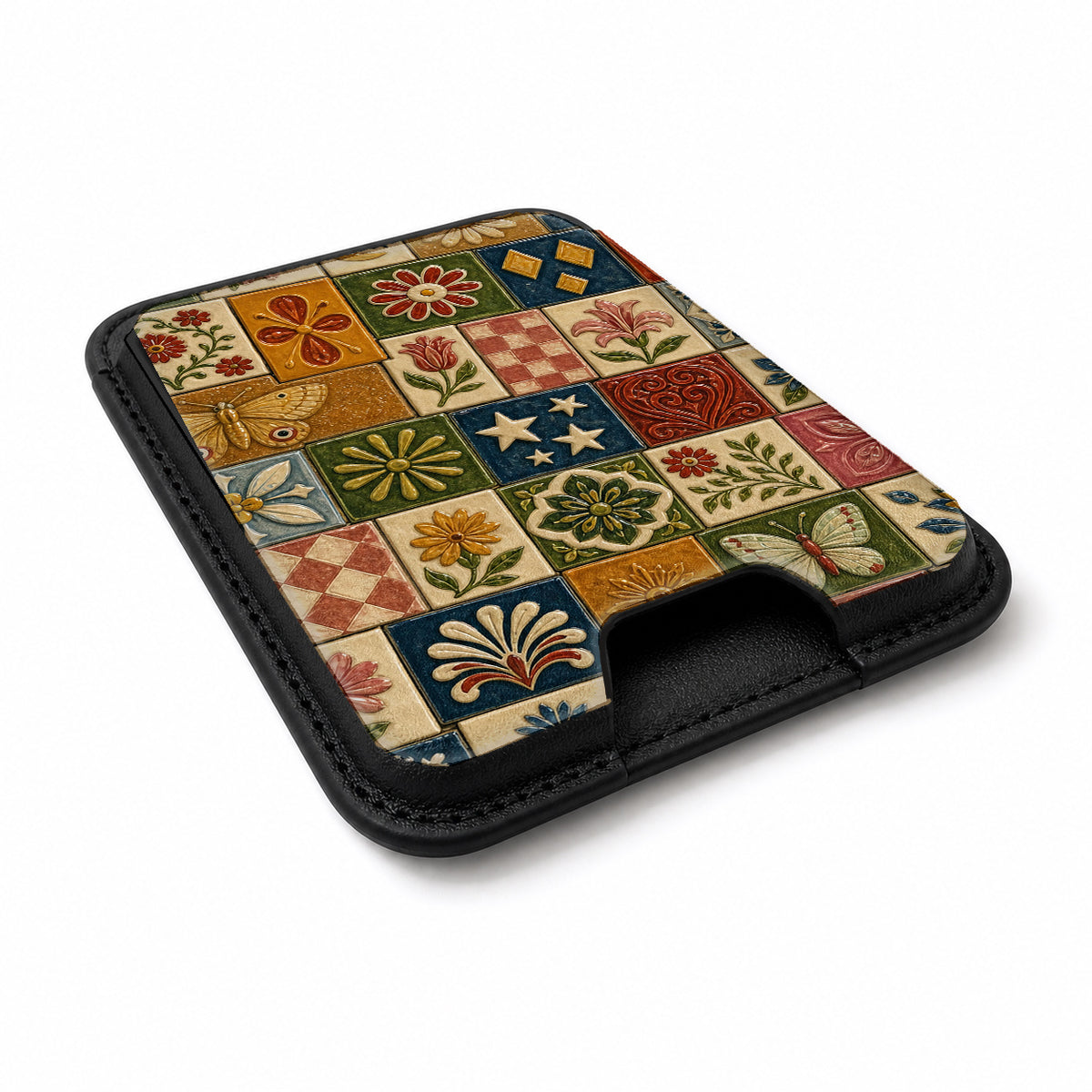 Vintage Folk Tile Patchwork MagSafe card holder showing the angled leather surface