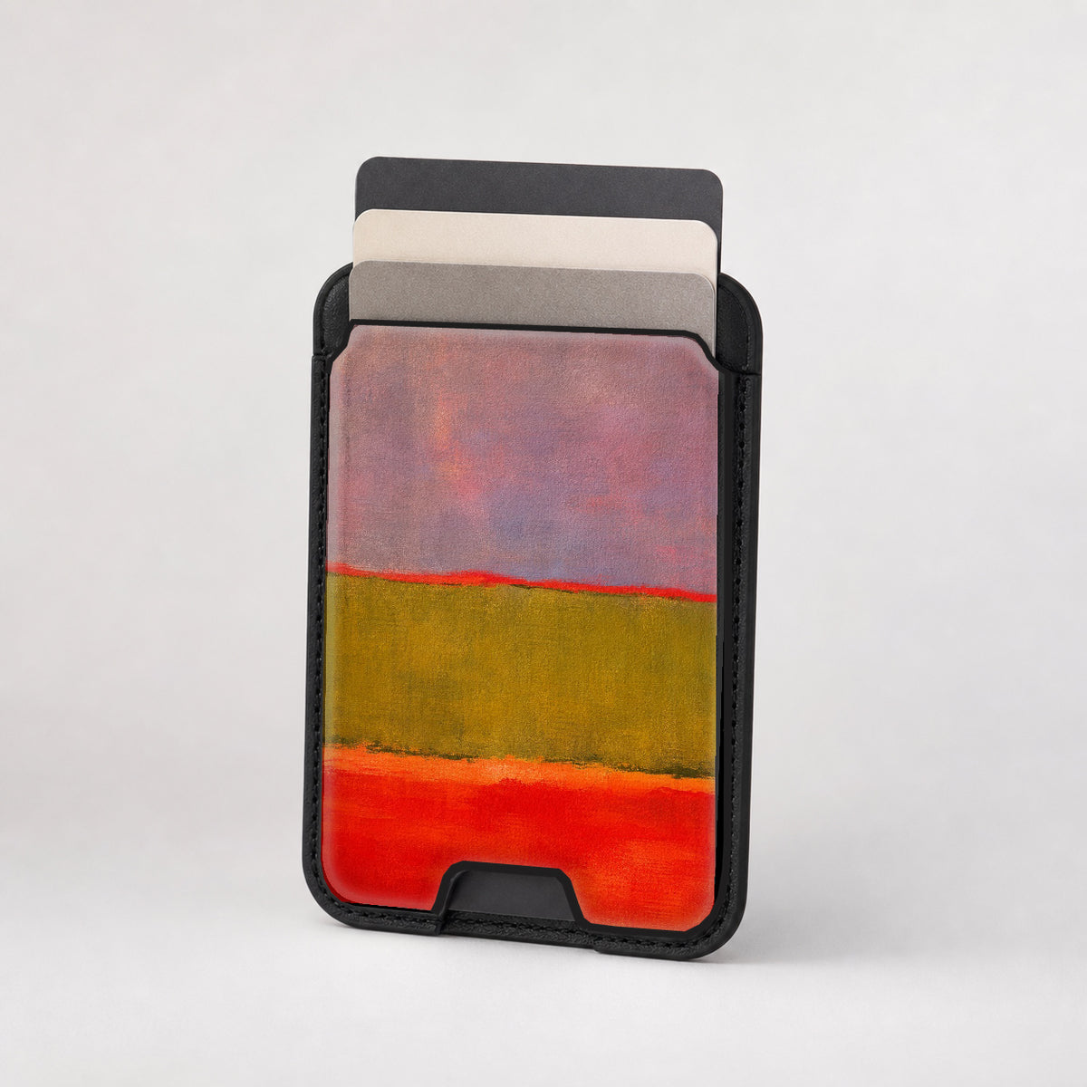 Rose Olive Scarlet Color Block MagSafe card holder showing the patterned front