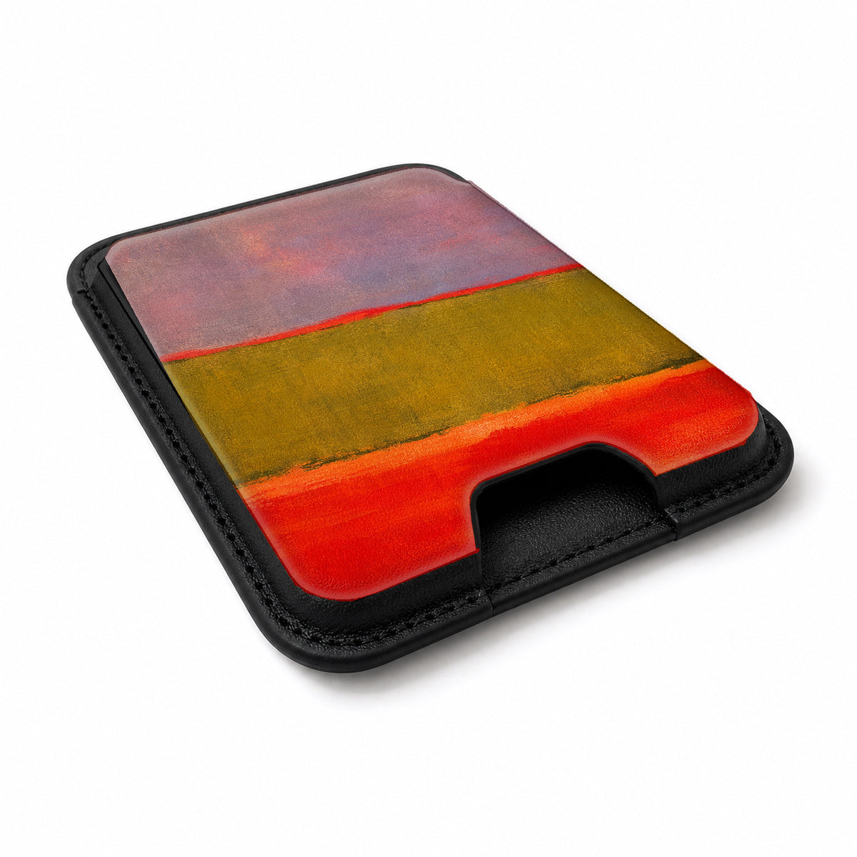 Rose Olive Scarlet Color Block MagSafe card holder showing the angled leather surface