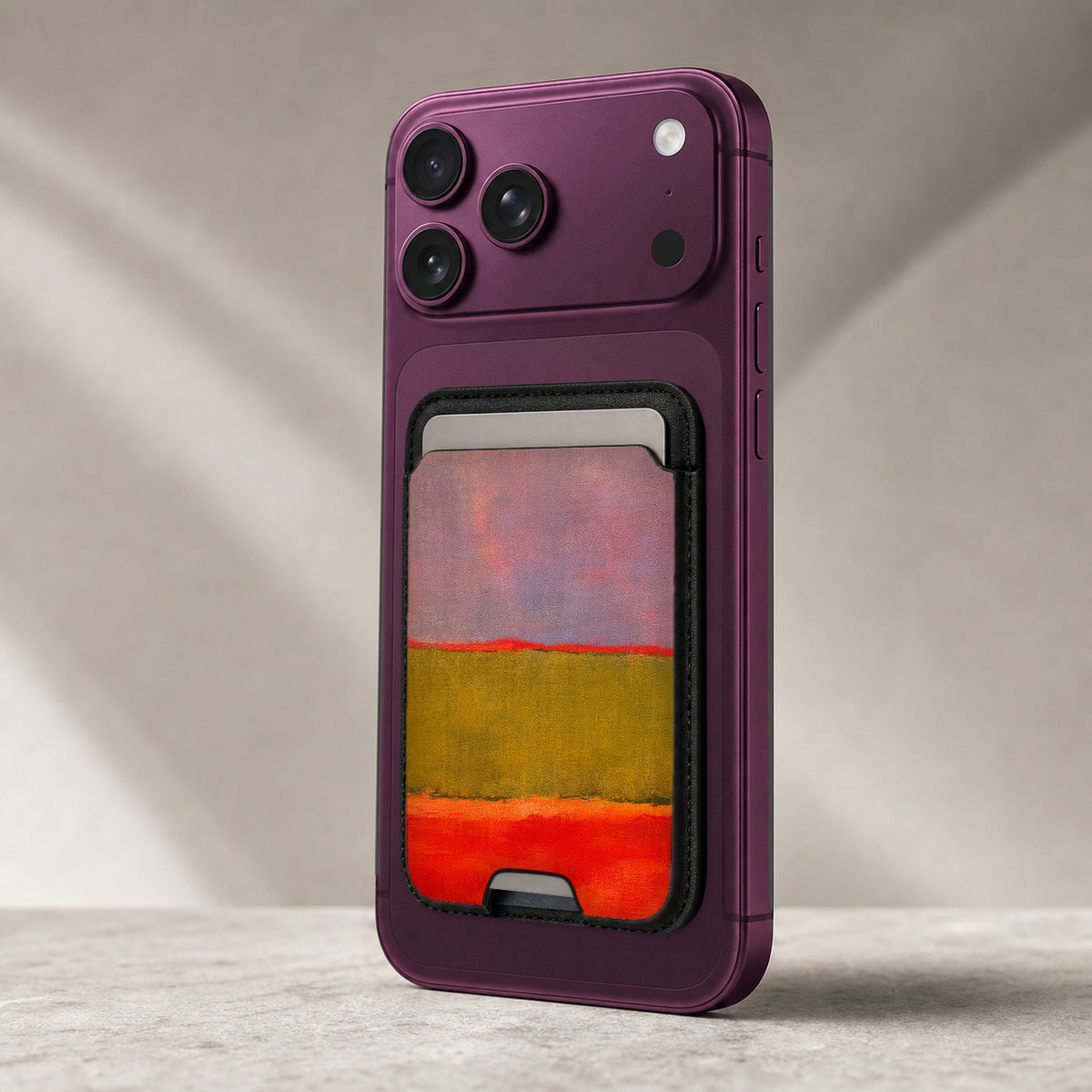 Rose Olive Scarlet Color Block MagSafe card holder showing the detailed leather finish