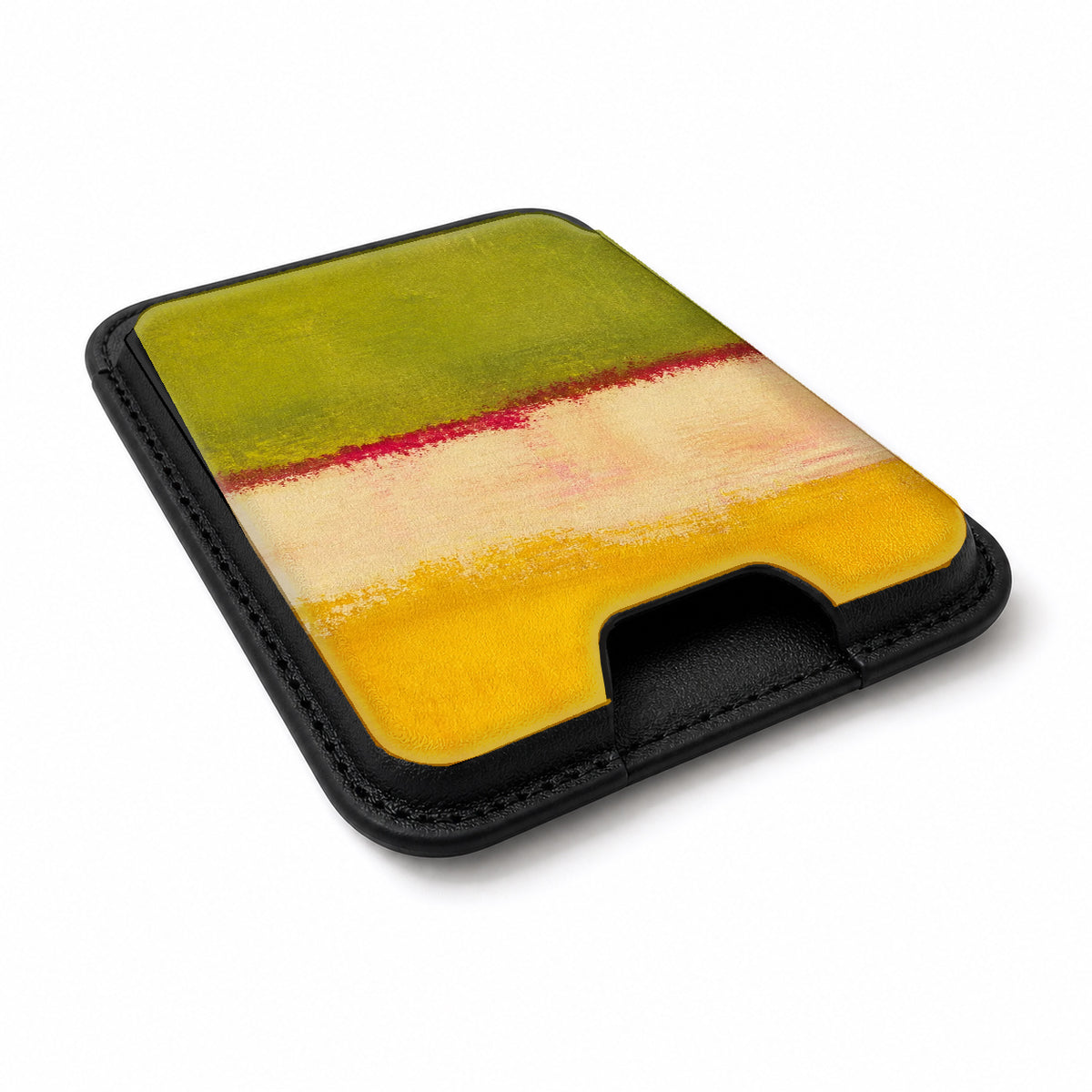 Chartreuse Cream Golden Yellow Color Block MagSafe card holder showing the angled leather surface